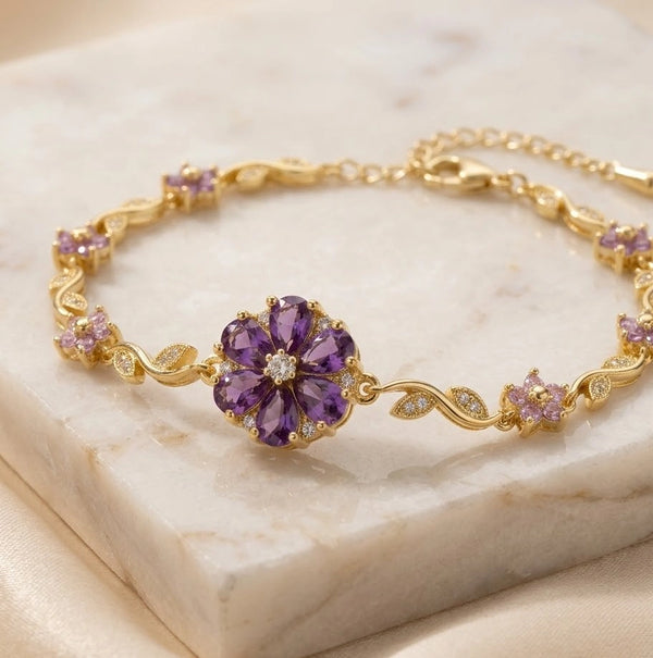 Purple Floral Amethyst Anti-Tarnish Bracelet - Gold Plated Flower Design