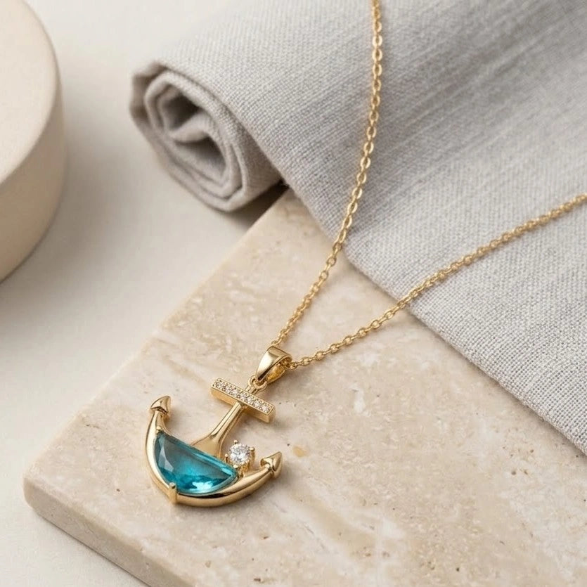 Nautical Anchor Blue Crystal Pendant Necklace - Anti Tarnish