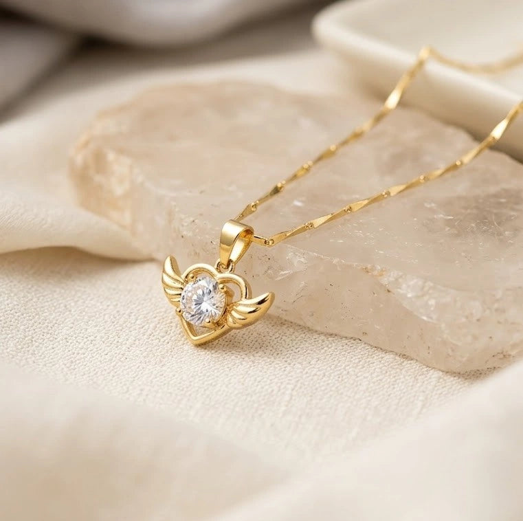 Angel Wings Heart Crystal Necklace - Anti Tarnish Gold Plated