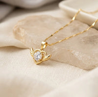 Angel Wings Heart Crystal Necklace - Anti Tarnish Gold Plated