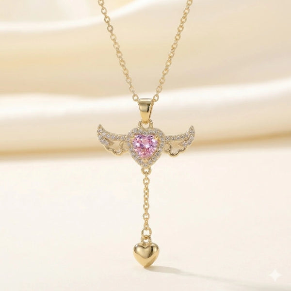 angel wings pink heart pendant necklace front view, anti tarnish gold plated