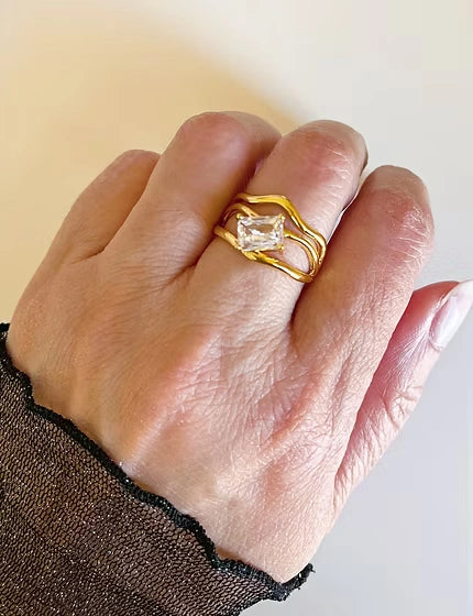 Wavy Triple Band Emerald Cut Ring | Anti-Tarnish Finish