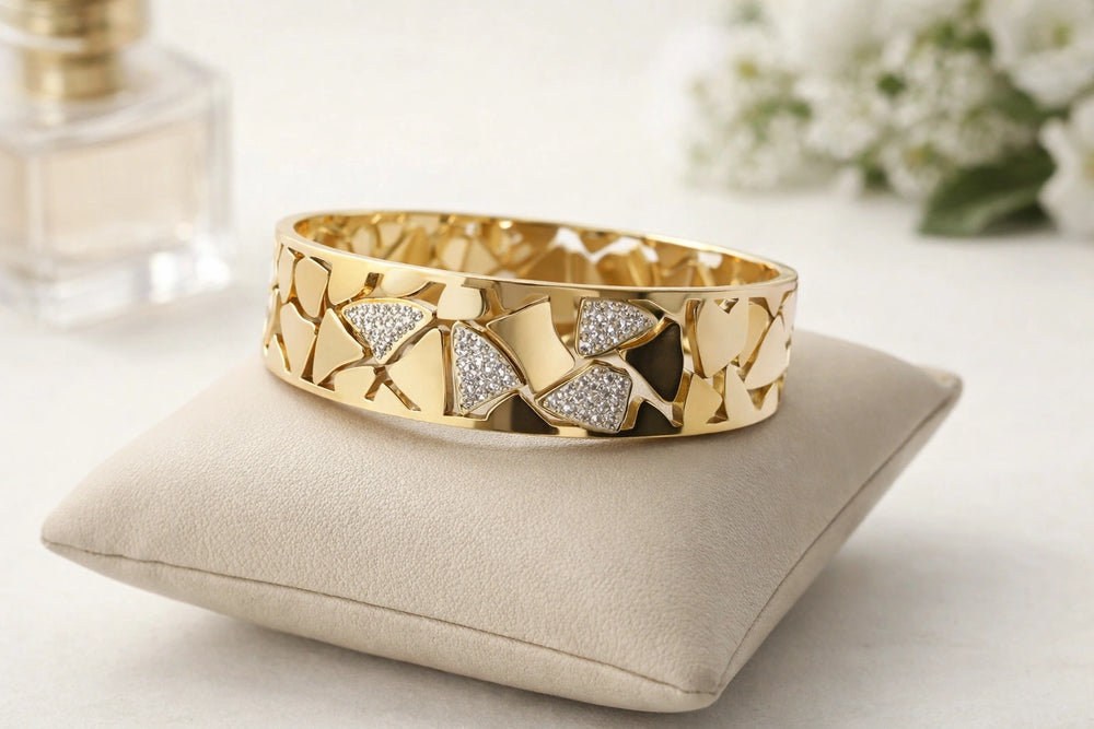 Geometric AD Studded Gold Plated Bangle - Anti Tarnish