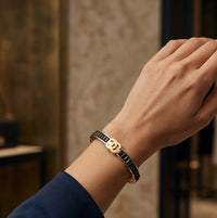Black Crystal Statement Logo Cuff - Anti Tarnish Gold Plated Bracelet