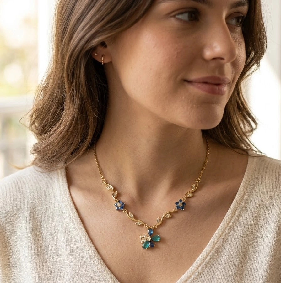 Blue Floral Butterfly Vine Necklace | Anti-Tarnish Gold Plated-Tulip