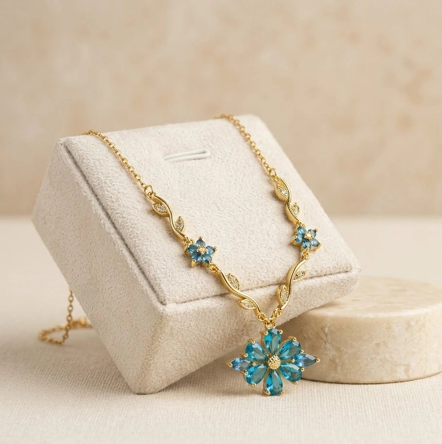 Blue Floral Vine Pendant Necklace - Anti-Tarnish Gold Plated-Tulip