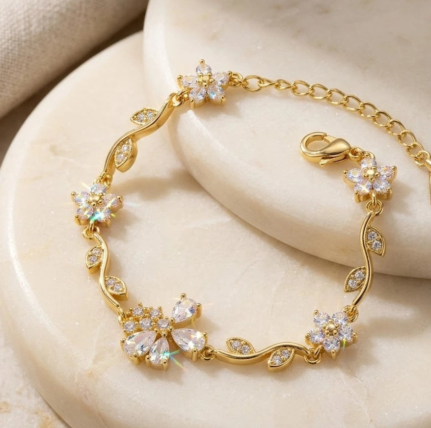 Tulip Floral Vine Zircon Anti-Tarnish Gold Plated Bracelet