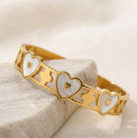 White Heart Motif Anti-Tarnish Gold Plated Bangle Bracelet