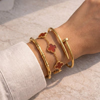 Anti-Tarnish Gold Plated Bracelet Stack - Red Clover, Nail & Bamboo Combo