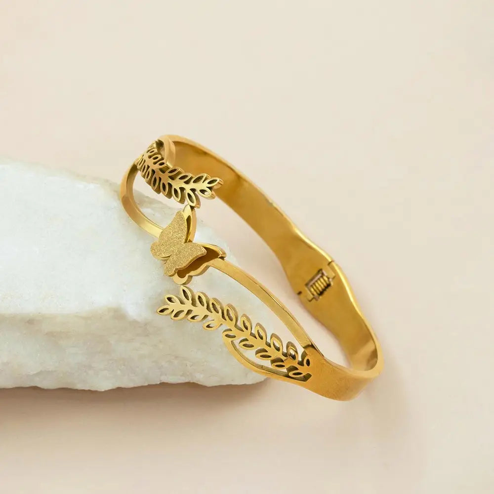 Anti-Tarnish Gold-Plated Butterfly & Leaf Cuff Bracelet for Women