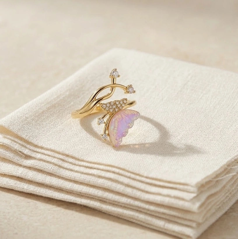 Anti-Tarnish Gold-Plated Butterfly Ring with Pink Opal Stone for Women