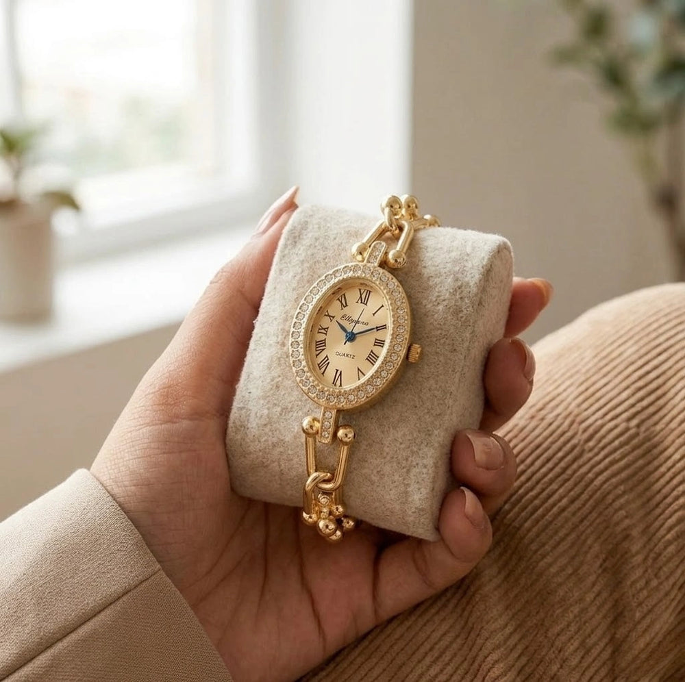 Vintage Oval Rhinestone Chain Watch - Anti-Tarnish Gold Plated