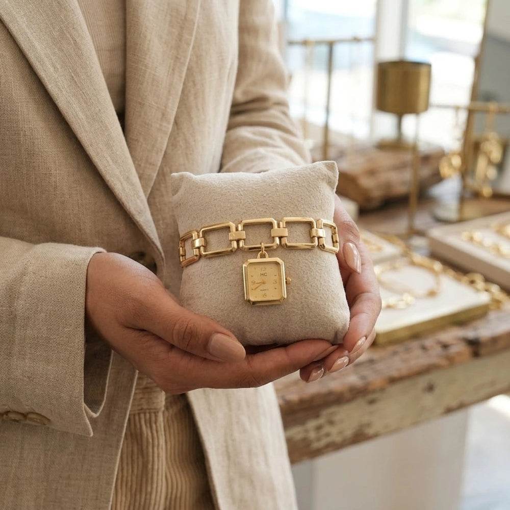Elegant Rectangular Link Chain Bracelet Watch - Anti-Tarnish Gold Plated