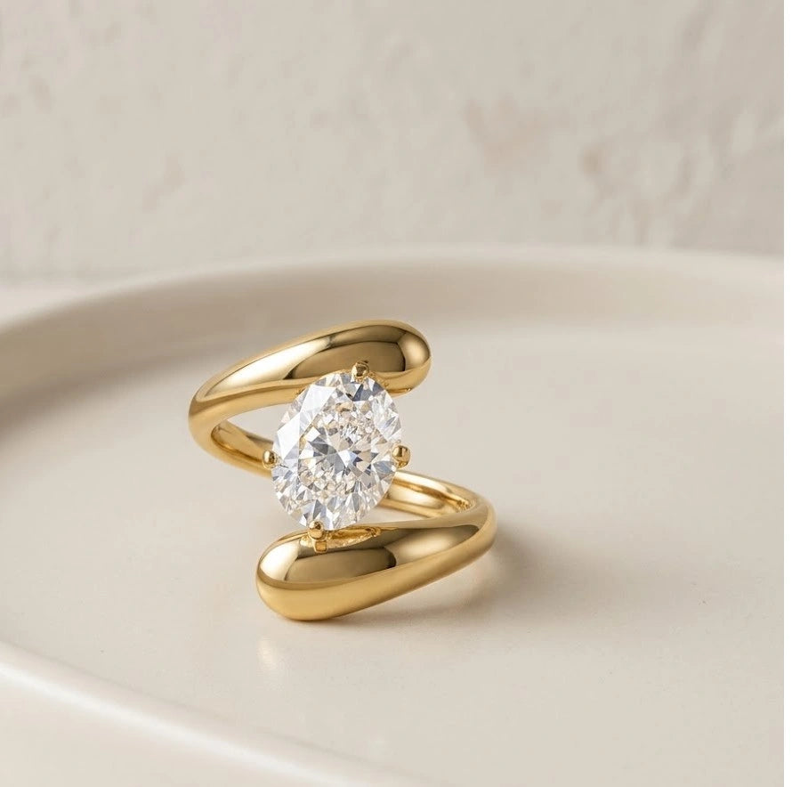 Oval Solitaire Bypass Wrap Ring - Anti Tarnish Gold Plated