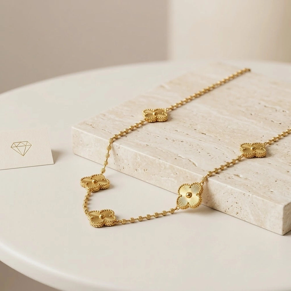 Vintage Clover 5-Motif Gold-Plated Necklace | Anti-Tarnish & Waterproof