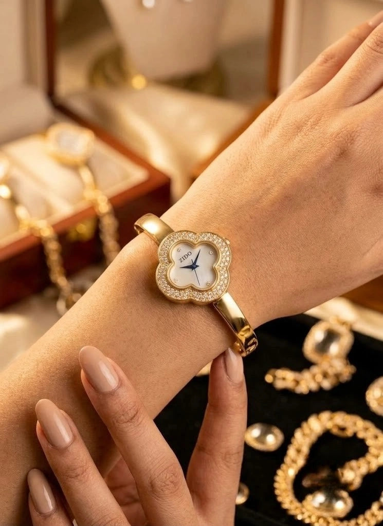 Premium Clover Anti-Tarnish Gold Plated Bangle Watch for Women
