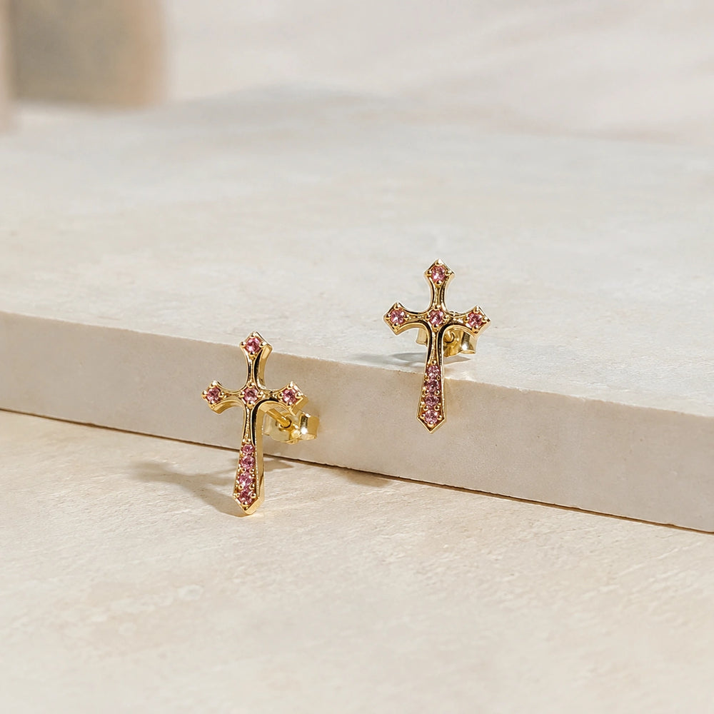 Pink Stone Cross Stud Earrings | Anti-Tarnish Gold Plated