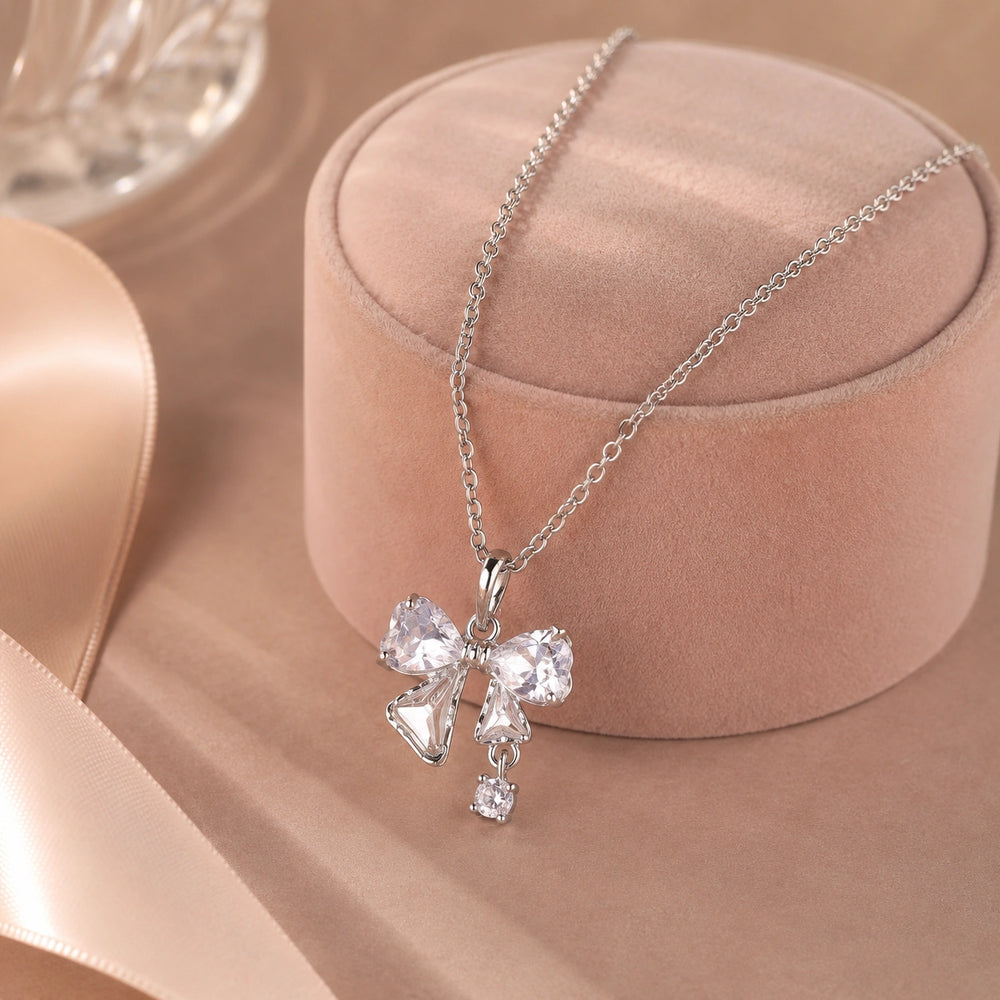 Anti-Tarnish Crystal Bow Necklace for Women | Dainty Minimalist Pendant