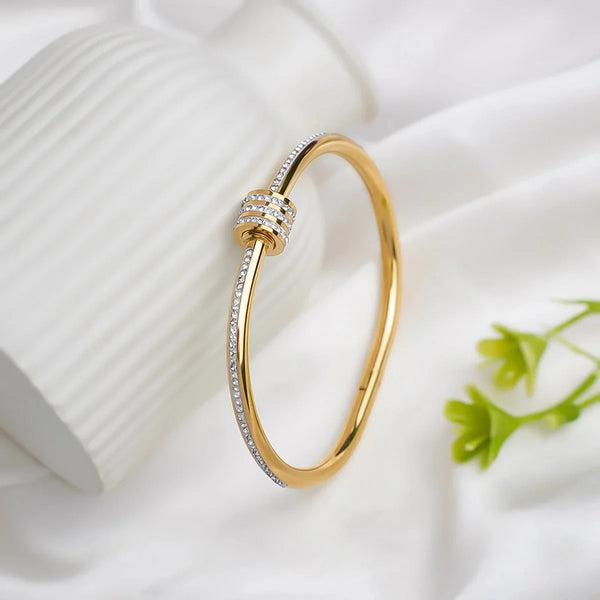 Pave Knot Gold Plated Bangle - Anti-Tarnish Crystal Cuff Bracelet for Women - MONCHERI