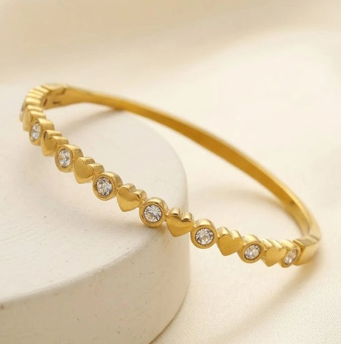 Heart & CZ Crystal Bangle Bracelet - Anti Tarnish Gold Plated