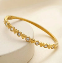 Heart & CZ Crystal Bangle Bracelet - Anti Tarnish Gold Plated