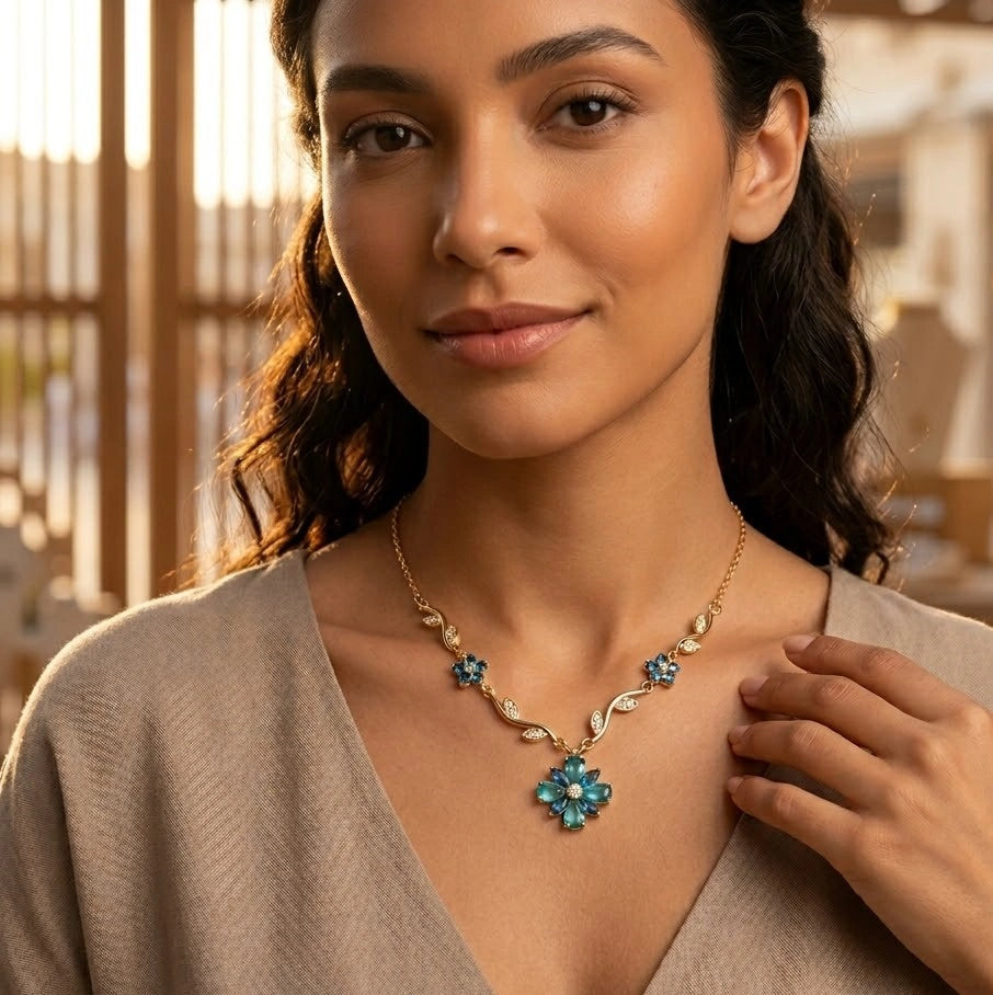 Blue Crystal Floral Vine Anti Tarnish Gold Plated Necklace-Tulip