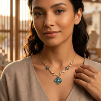 Blue Crystal Floral Vine Anti Tarnish Gold Plated Necklace-Tulip