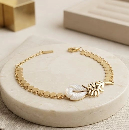Gold Plated Layered Pearl Leaf Charm Bracelet | Anti-Tarnish