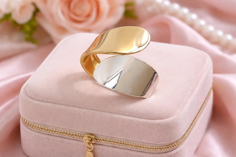 Dual Tone Abstract Wide Cuff Bracelet | Gold & Silver Plated Statement Bangle | Anti-Tarnish Korean Jewelry