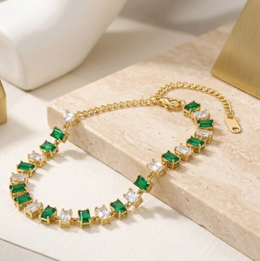 Emerald Green Minimalist Bracelet Stack - Anti Tarnish Gold Plated