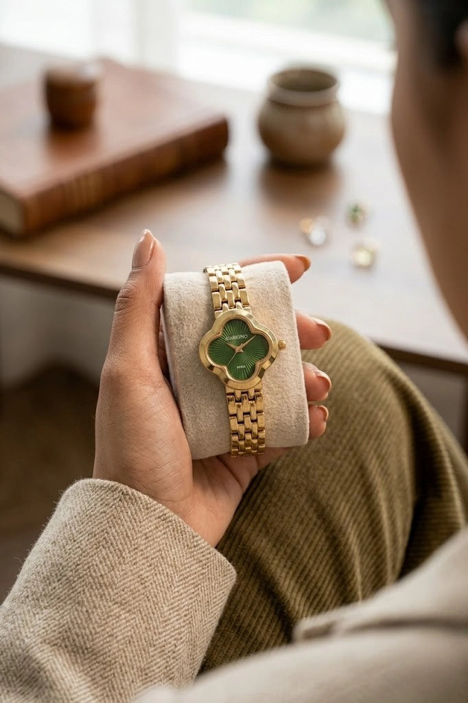 Emerald Green Clover Watch - Anti-Tarnish Gold Plated | Krishnakala Jewels