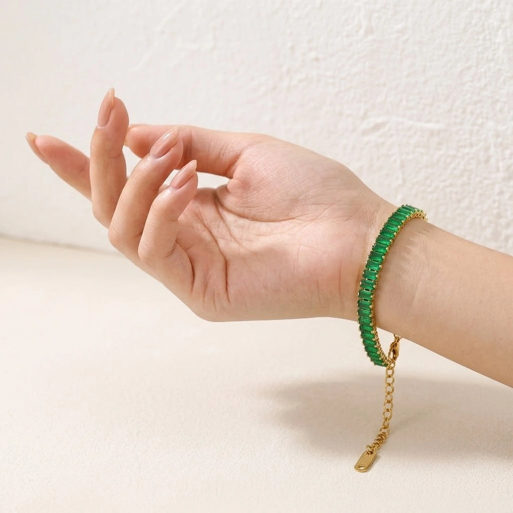 Emerald Green Baguette Tennis Bracelet | Anti Tarnish Gold Plated