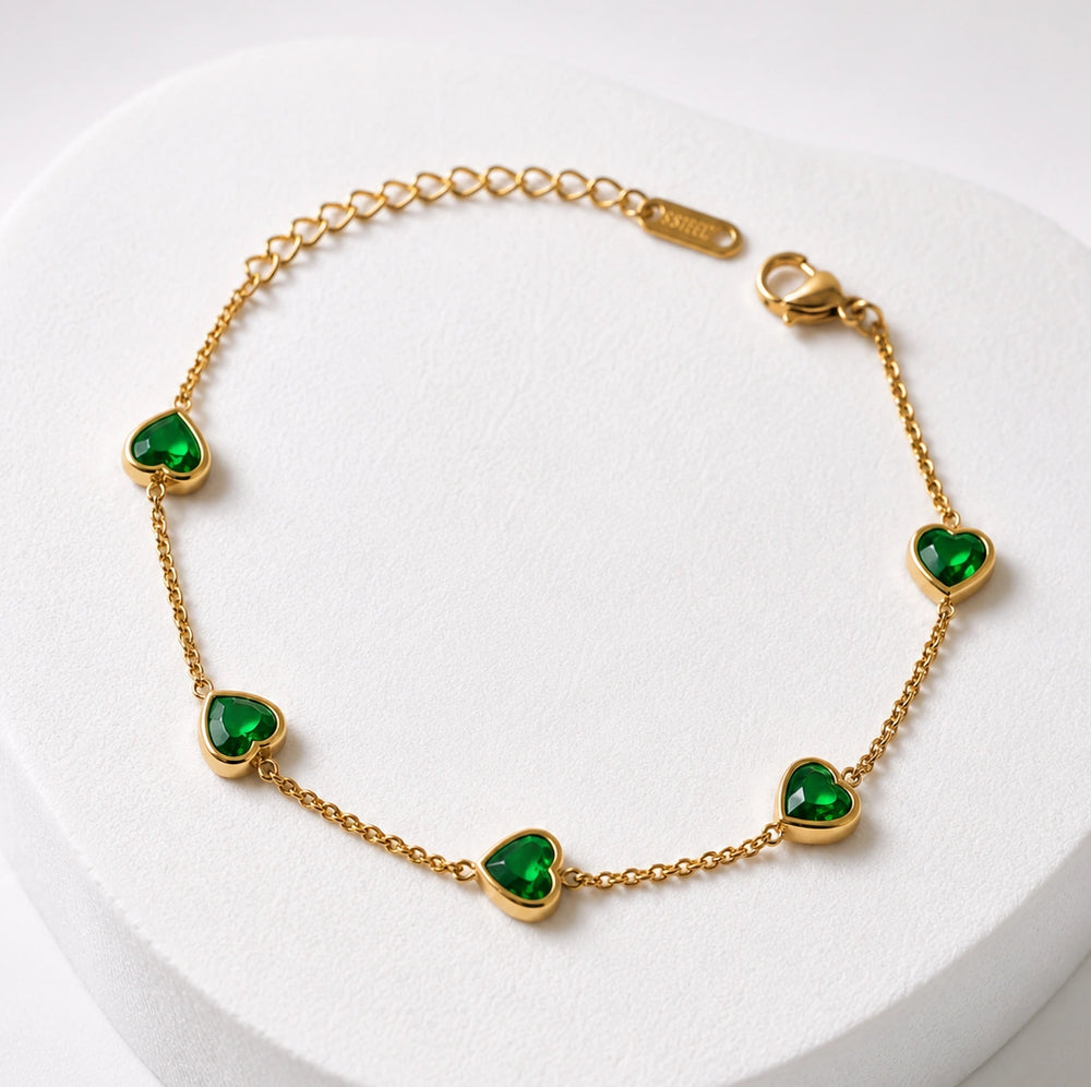 Emerald Green Heart Anti Tarnish Gold Plated Bracelet - Minimalist Korean Style