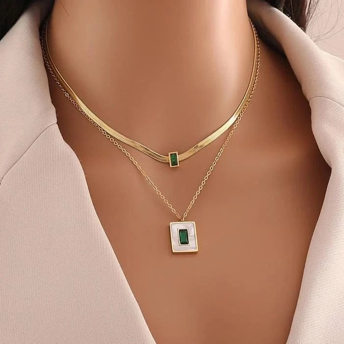 Emerald Green Stone Layered Necklace - Anti-Tarnish Gold Plated Herringbone Chain for Women