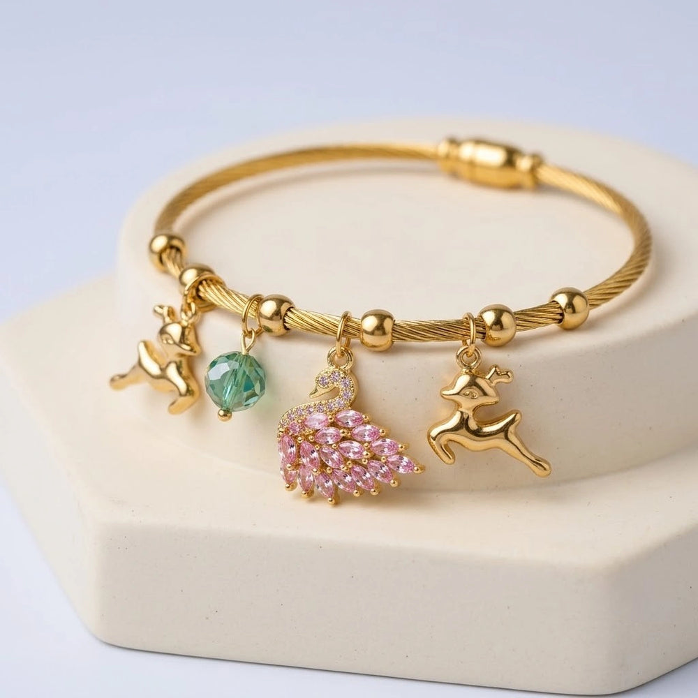 Swan & Reindeer Charm Anti-Tarnish Gold Plated Bracelet