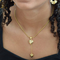 Double Heart Lariat Necklace - Anti-Tarnish Gold Plated Minimalist Tassel Pendant