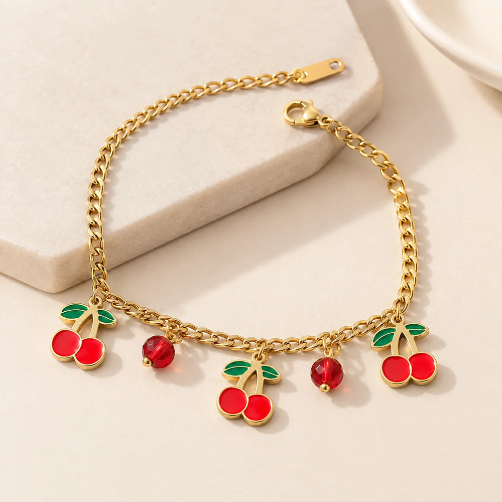 Red Cherry Charm Coquette Bracelet - Anti Tarnish Gold Plated