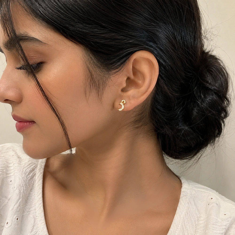Crescent Moon Crystal Stud Earrings | Anti-Tarnish Gold-Plated