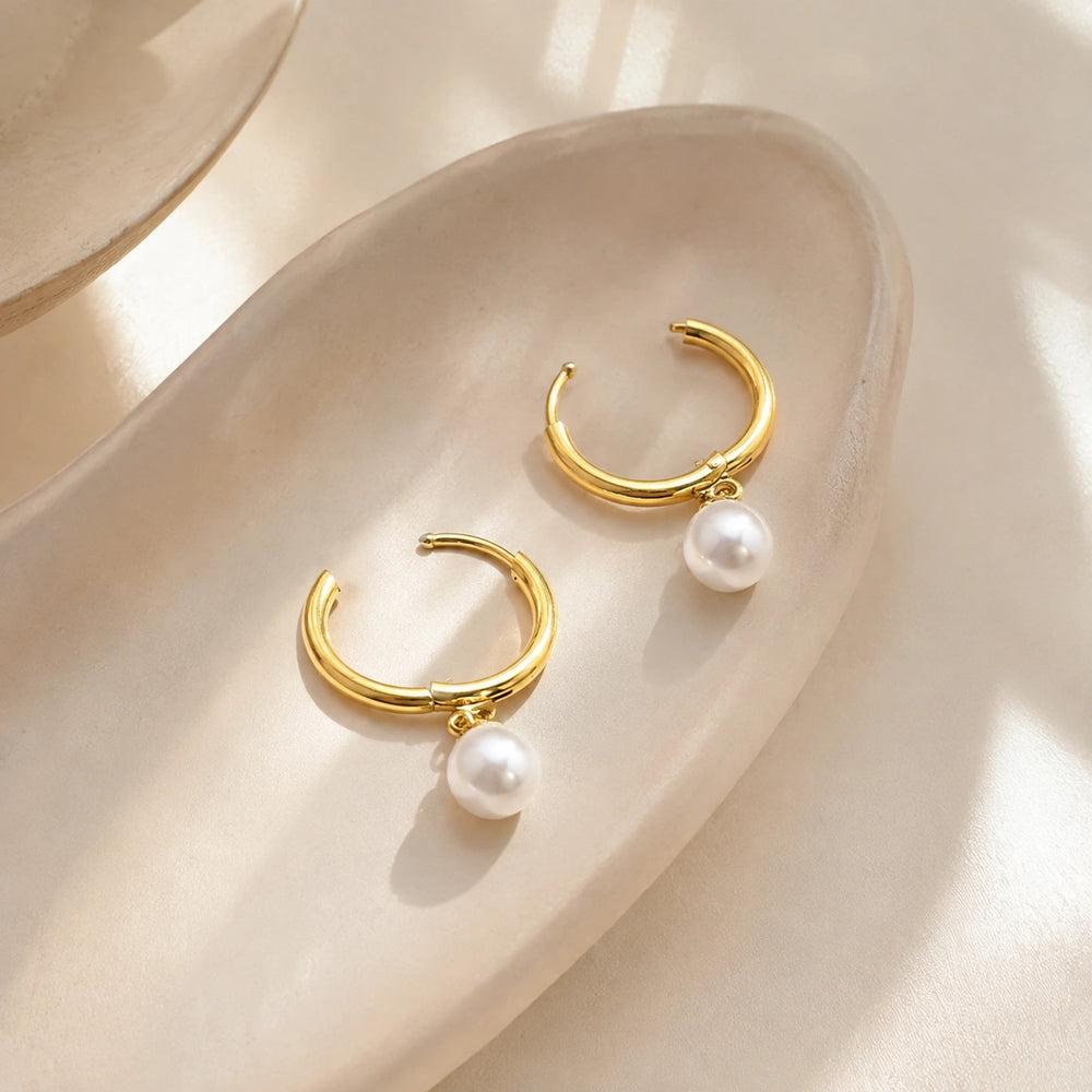 Pearl Drop Hoop Earrings - Anti-Tarnish Gold-Plated