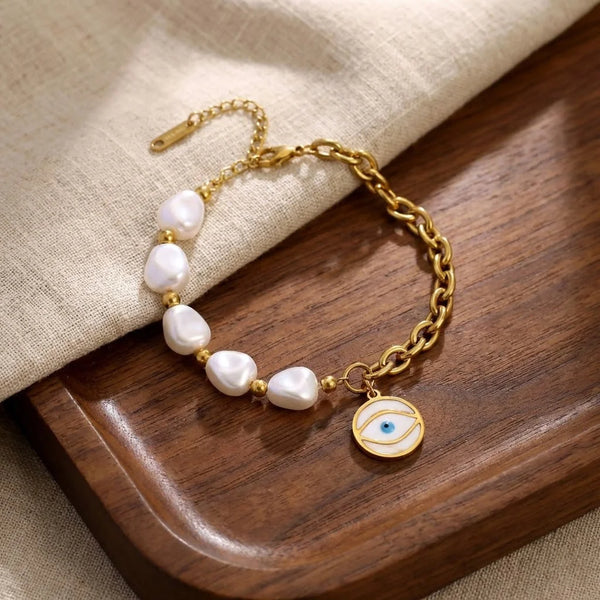 Moncheri Anti-tarnish Evil Eye Pearl Bracelet with Gold Plated Finish