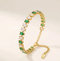 Emerald Green & Clear Baguette Stone Tennis Bracelet - Anti Tarnish