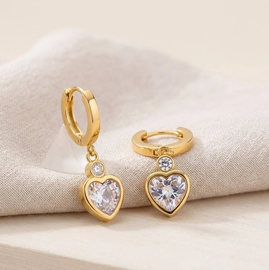 Anti Tarnish Heart Drop Earrings with Zirconia Stones