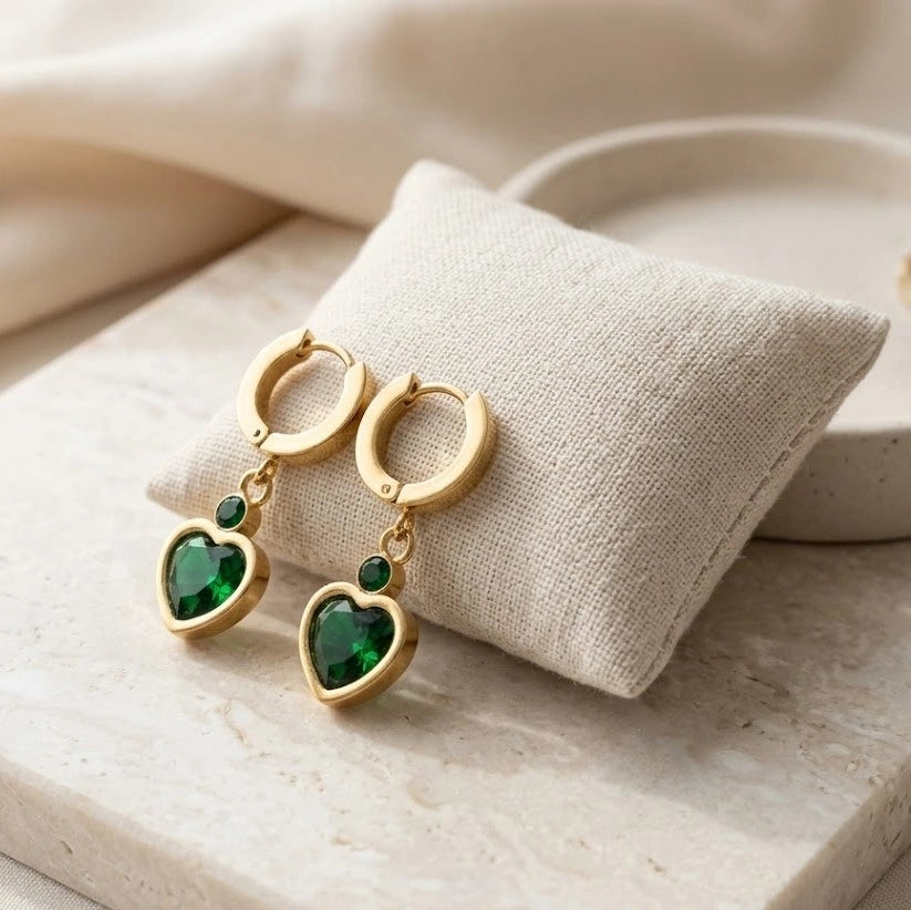 Emerald Green Heart Drop Hoop Earrings - Anti Tarnish Fashion Jewelry