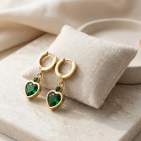 Emerald Green Heart Drop Hoop Earrings - Anti Tarnish Fashion Jewelry
