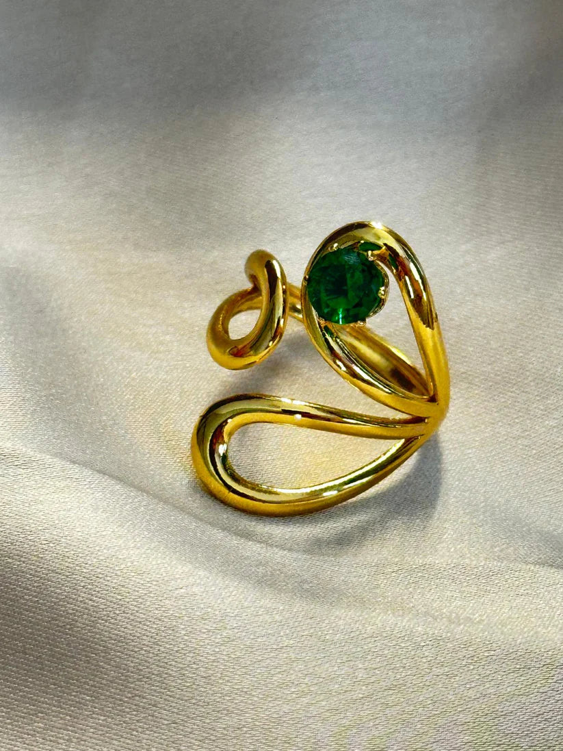 Emerald Green Abstract Adjustable Ring - Gold Plated Anti-Tarnish Fashion Jewellery