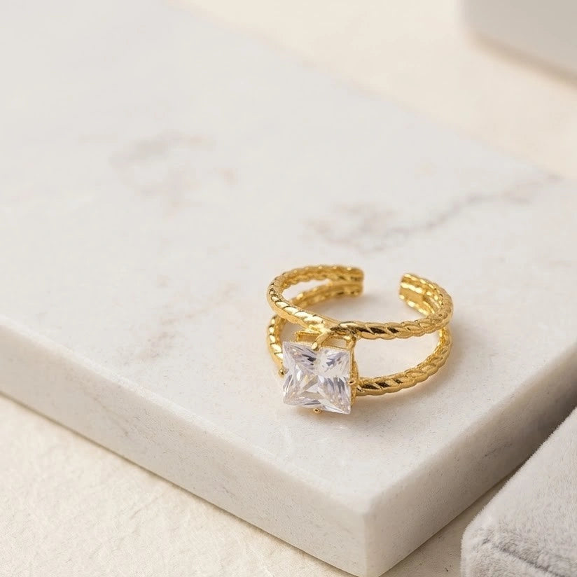 Square Zirconia Anti-Tarnish Double Layer Twisted Ring