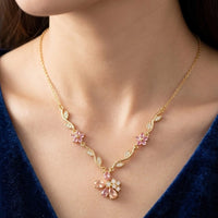 Pink Floral Vine Necklace - Anti Tarnish Gold Plated Jewelry-Tulip