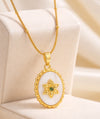 Anti Tarnish Floral White Oval Pendant Necklace - Premium Gold Plated