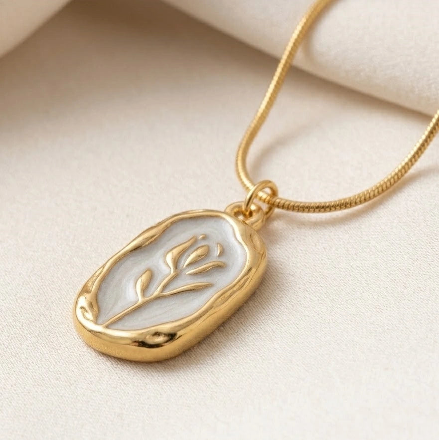 Floral Motif Enamel Pendant Necklace - Anti-Tarnish Gold-Plated Jewellery