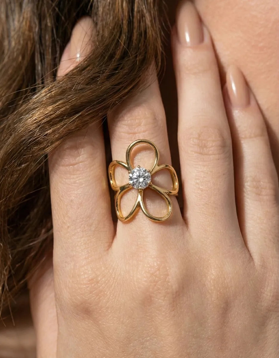 Floral Open Petal Solitaire Ring - Anti Tarnish Gold Plated